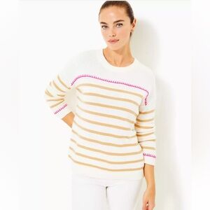 Lilly Pulitzer Striped Cotton Blend Sweater L Coastal Preppy Pink Stitch Knit